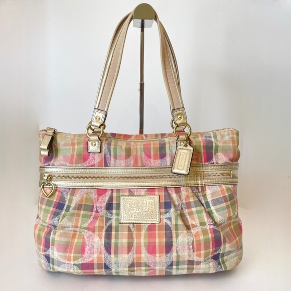 Coach Daisy Madras Plaid Glam Signature Tote Shoulder Bag - Picture 1 of 16